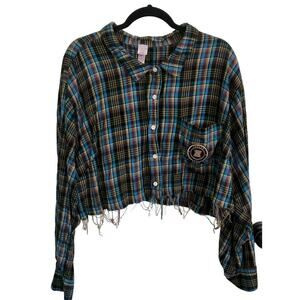 Savage X Fenty Cropped Raw Edge Plaid Button Down Shirt Blue Academia Size 3X